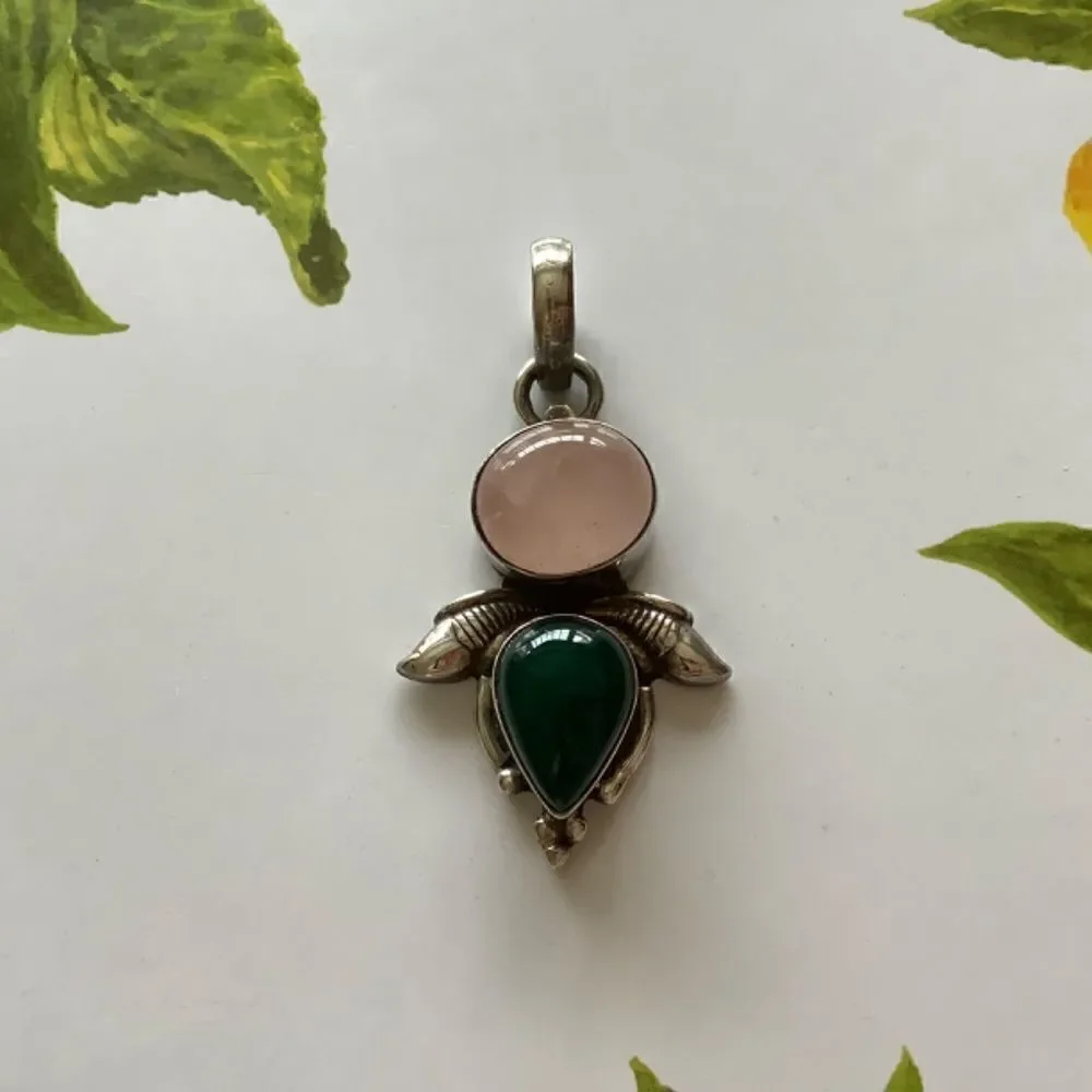 STERLING SILVER 925 PINK QUARTZ/GREEN ONYX LARGE PENDANT​